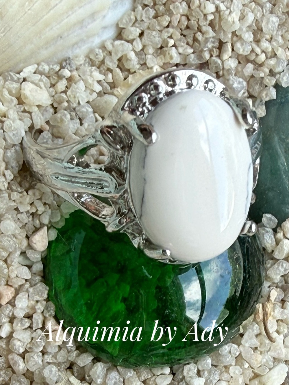 Boho + White Howlite oval Ring with Silver Accents